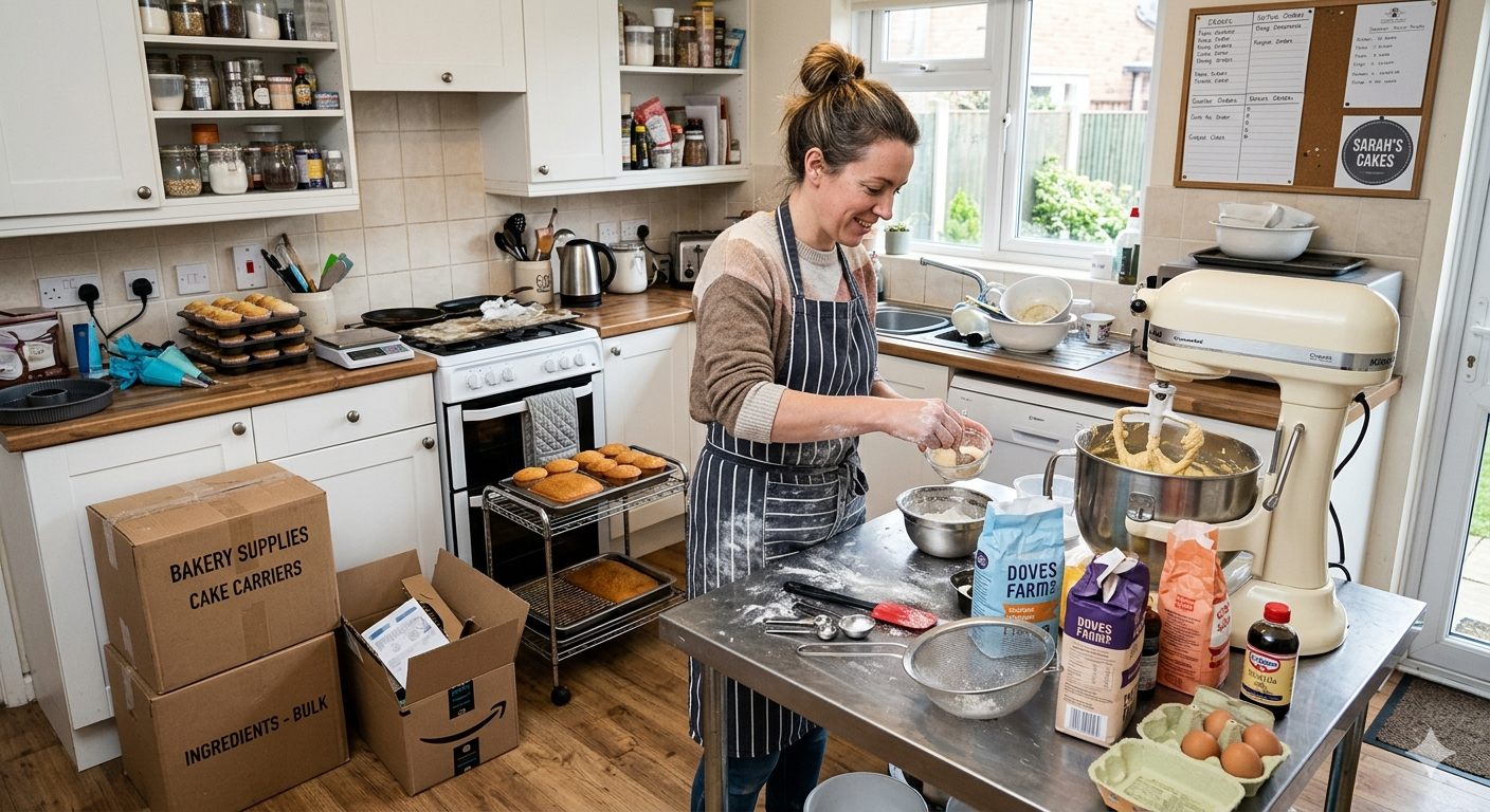 UK home kitchen mid-bake with a stand mixer, cake board and ingredients laid out on the counter