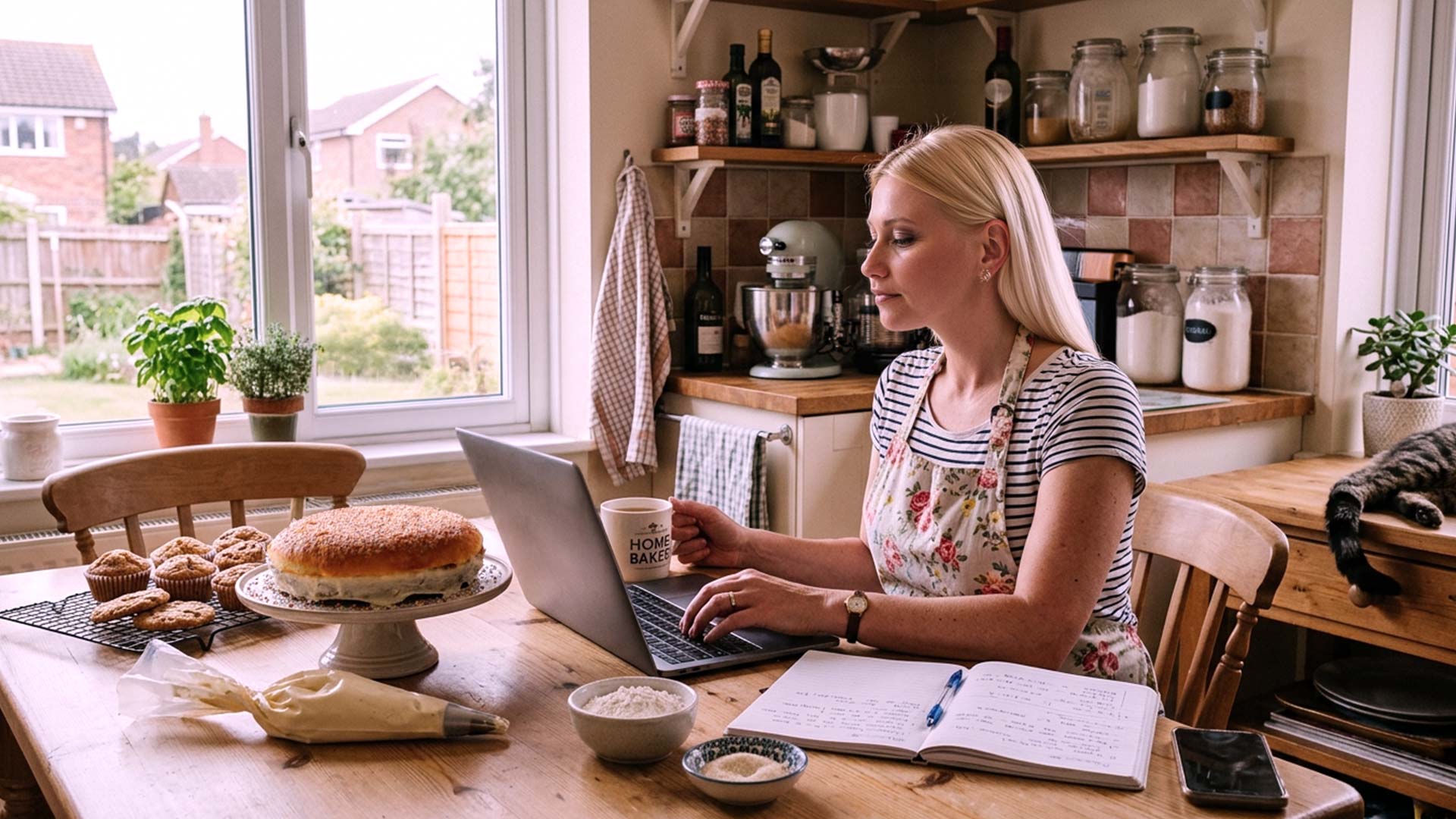 UK home baker filling in food business registration form on a laptop in a domestic kitchen